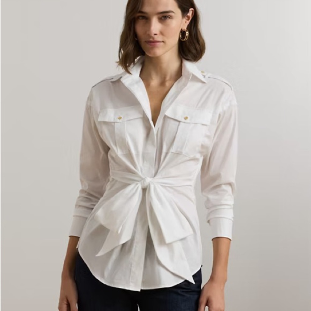 Ralph Lauren Tie-Front Cotton-Blend Shirt with Gold Anchor Buttons